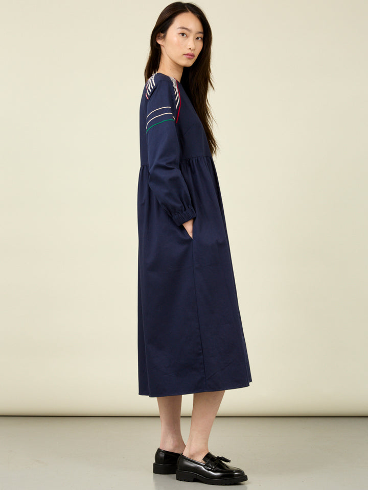 Mim Long Sleeve Embroidered Navy Satin Poplin Midi Dress