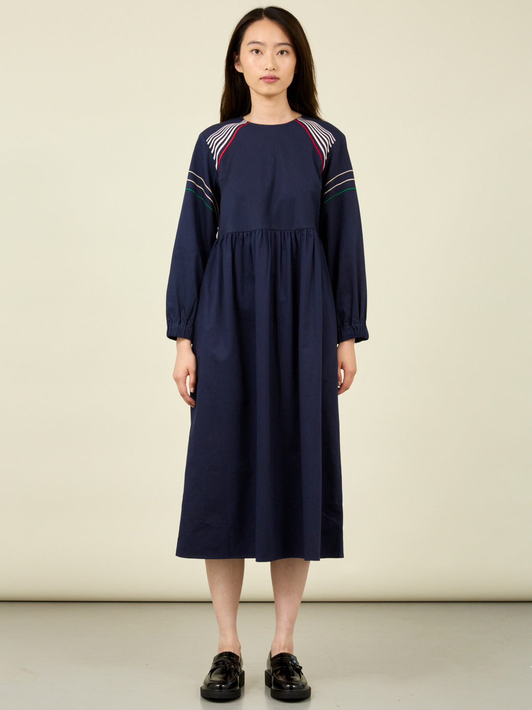 Mim Long Sleeve Embroidered Navy Satin Poplin Midi Dress