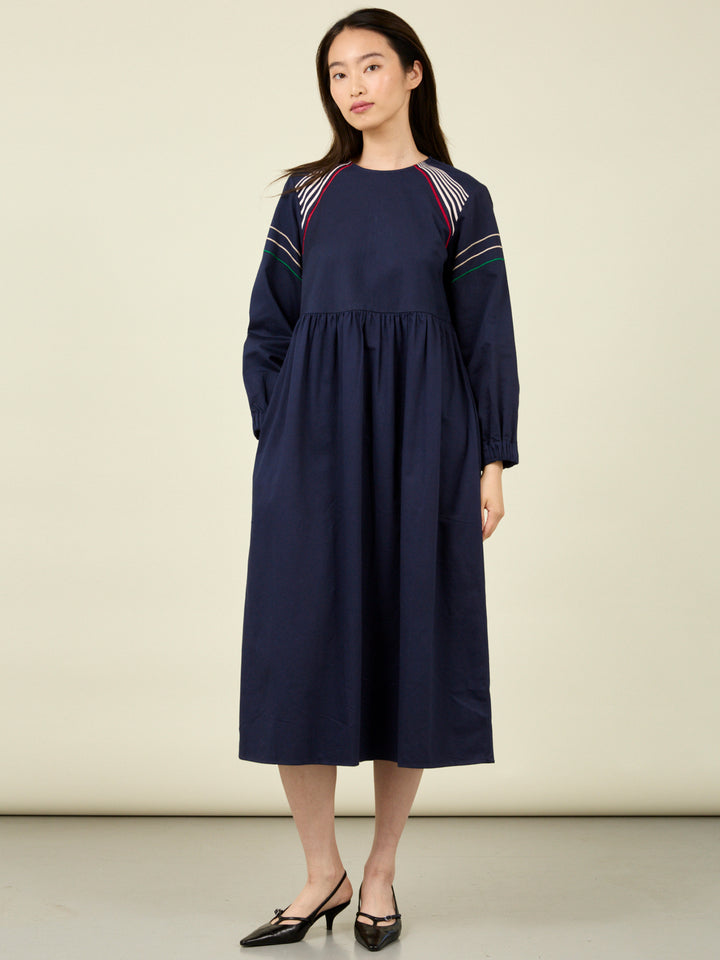 Mim Long Sleeve Embroidered Navy Satin Poplin Midi Dress