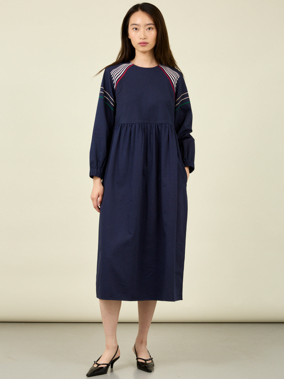 Mim Long Sleeve Embroidered Navy Satin Poplin Midi Dress