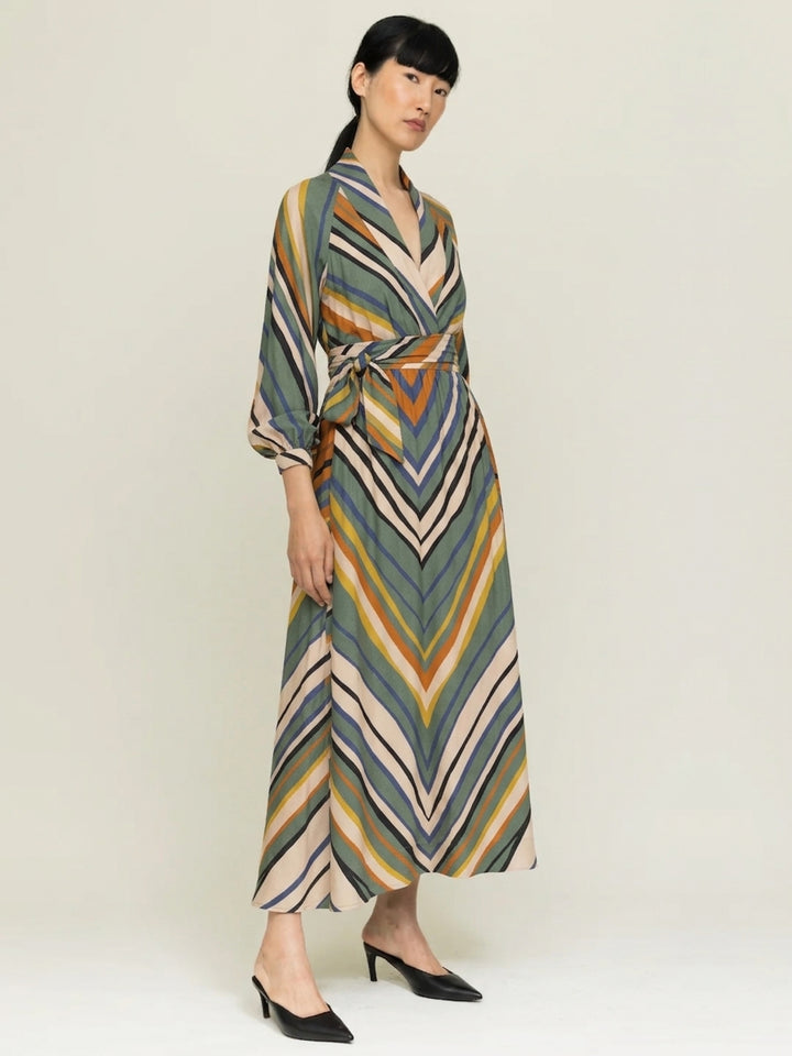 model wearing stripe print wrap dress with  side view against a neutral background 