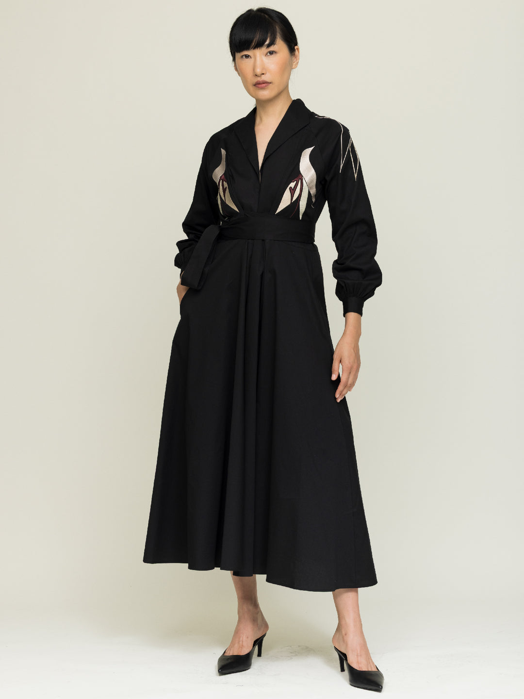 Mitzi Dress Heavy Cotton Satin Poplin Black Embroidered