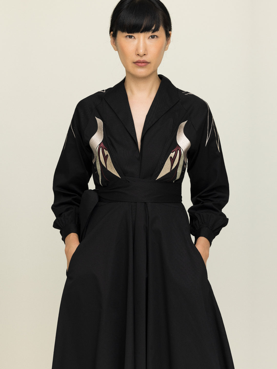 Mitzi Dress Heavy Cotton Satin Poplin Black Embroidered