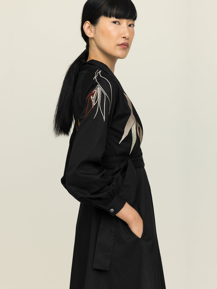 Mitzi Dress Heavy Cotton Satin Poplin Black Embroidered