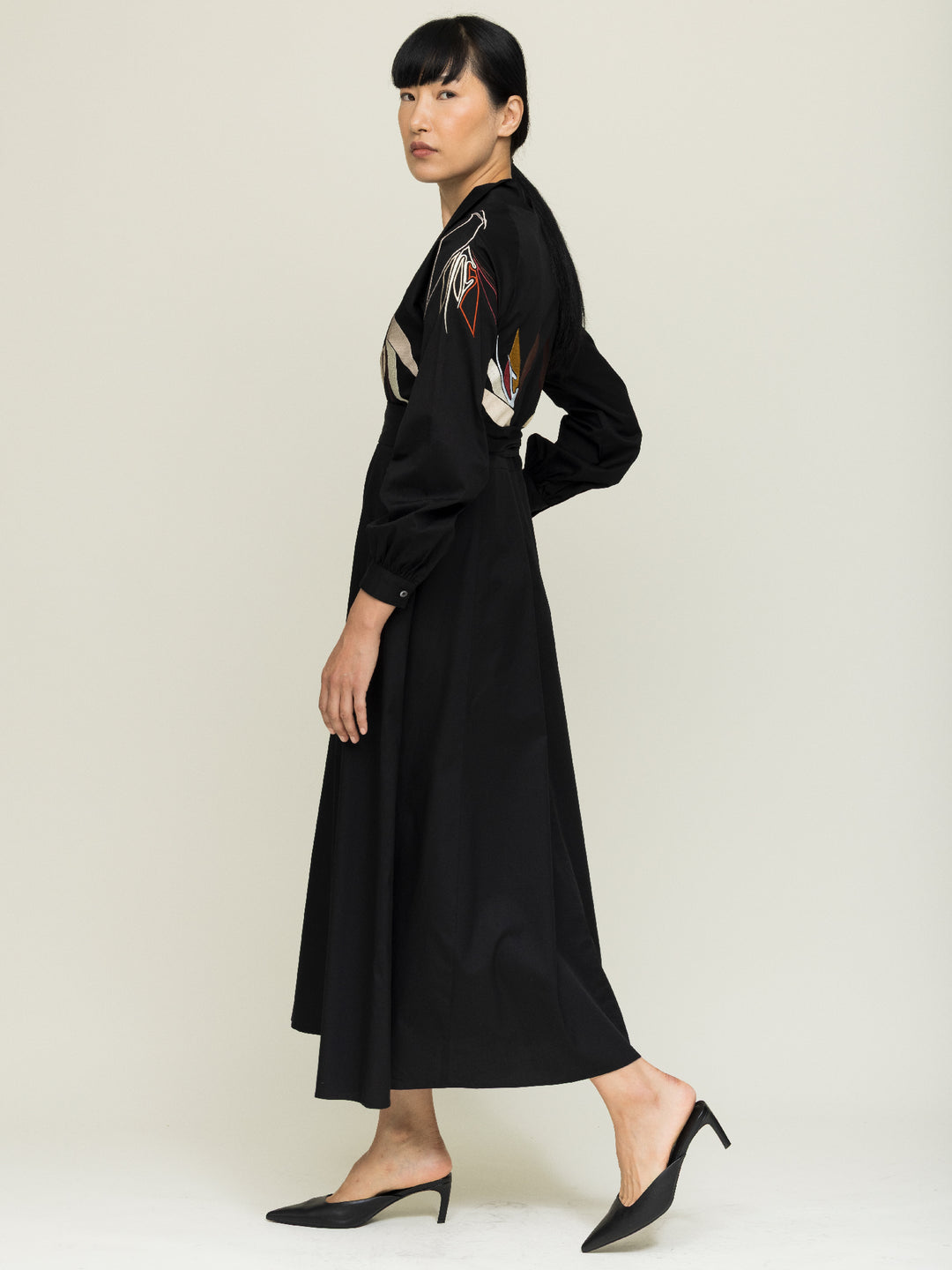 Mitzi Dress Heavy Cotton Satin Poplin Black Embroidered