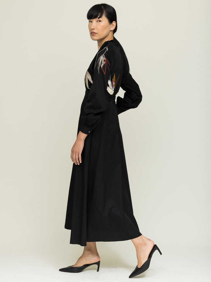 Mitzi Dress Heavy Cotton Satin Poplin Black Embroidered