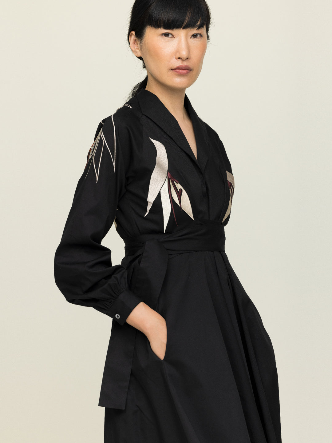 Mitzi Dress Heavy Cotton Satin Poplin Black Embroidered