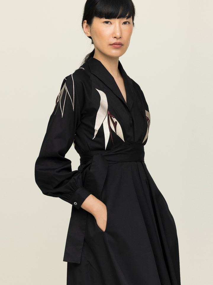 Mitzi Dress Heavy Cotton Satin Poplin Black Embroidered