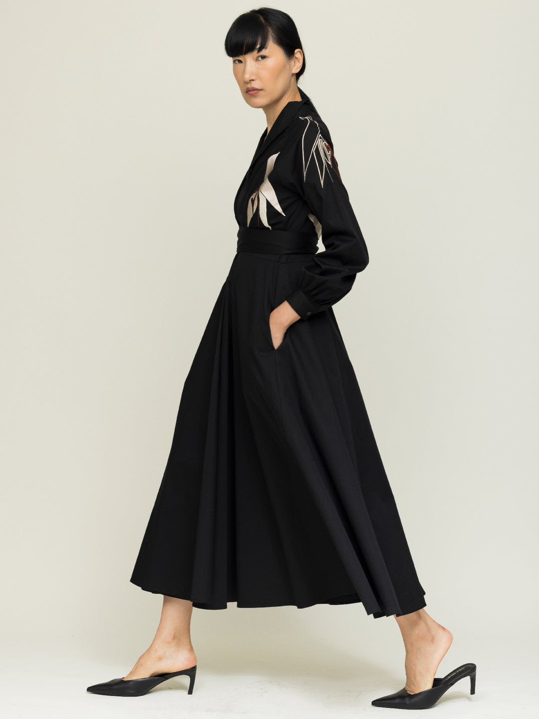 Mitzi Dress Heavy Cotton Satin Poplin Black Embroidered