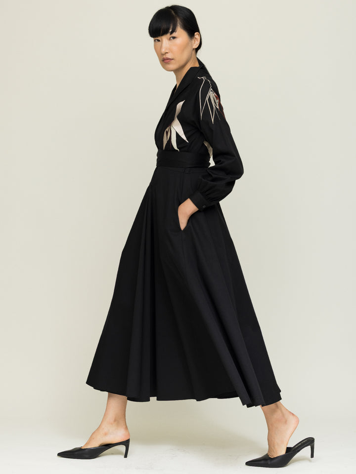 Mitzi Dress Heavy Cotton Satin Poplin Black Embroidered