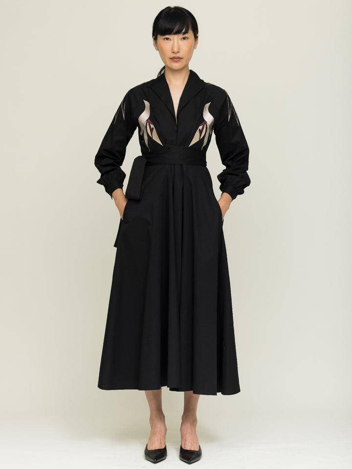Mitzi Dress Heavy Cotton Satin Poplin Black Embroidered