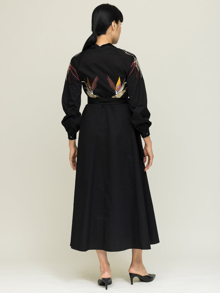Mitzi Dress Heavy Cotton Satin Poplin Black Embroidered