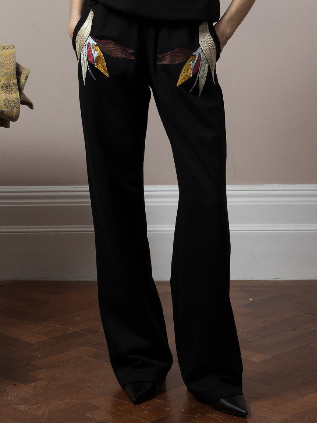 Parker wide leg Jogger Embroidered Black Cotton Fleece