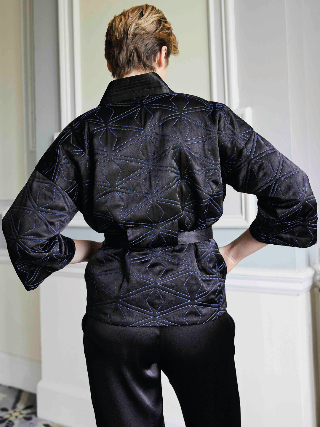 Quilted Kimono Jacket Black with Petrol Stitching