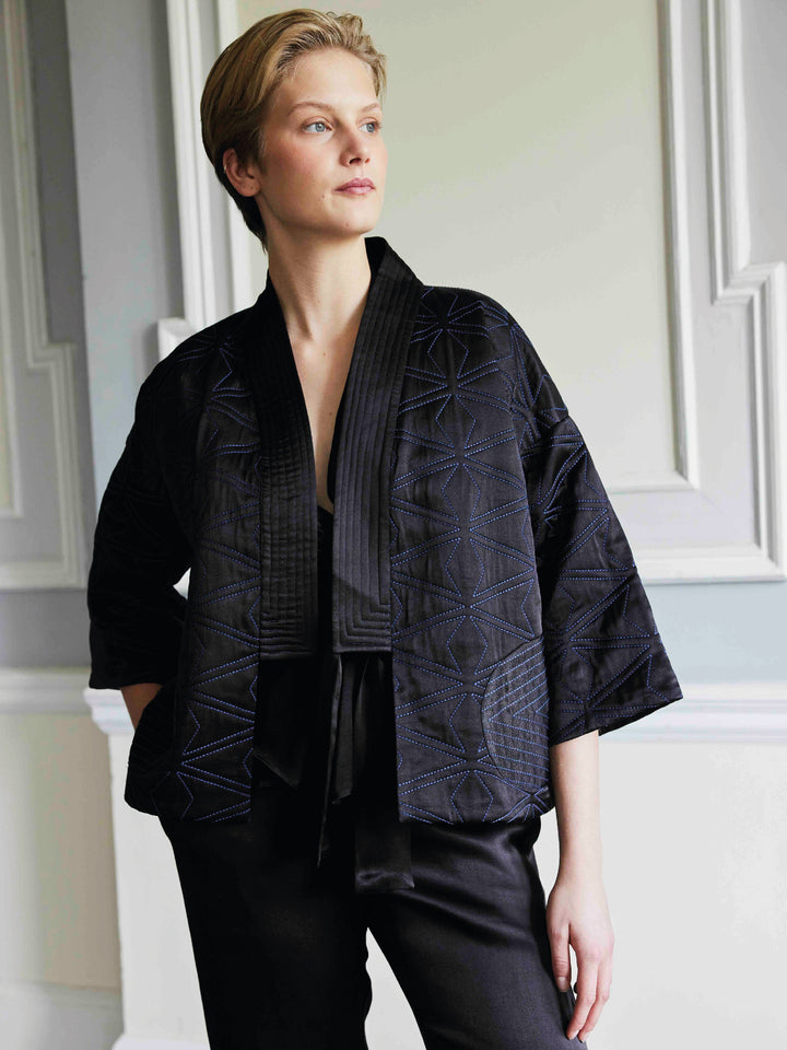 Quilted Kimono Jacket Black with Petrol Stitching