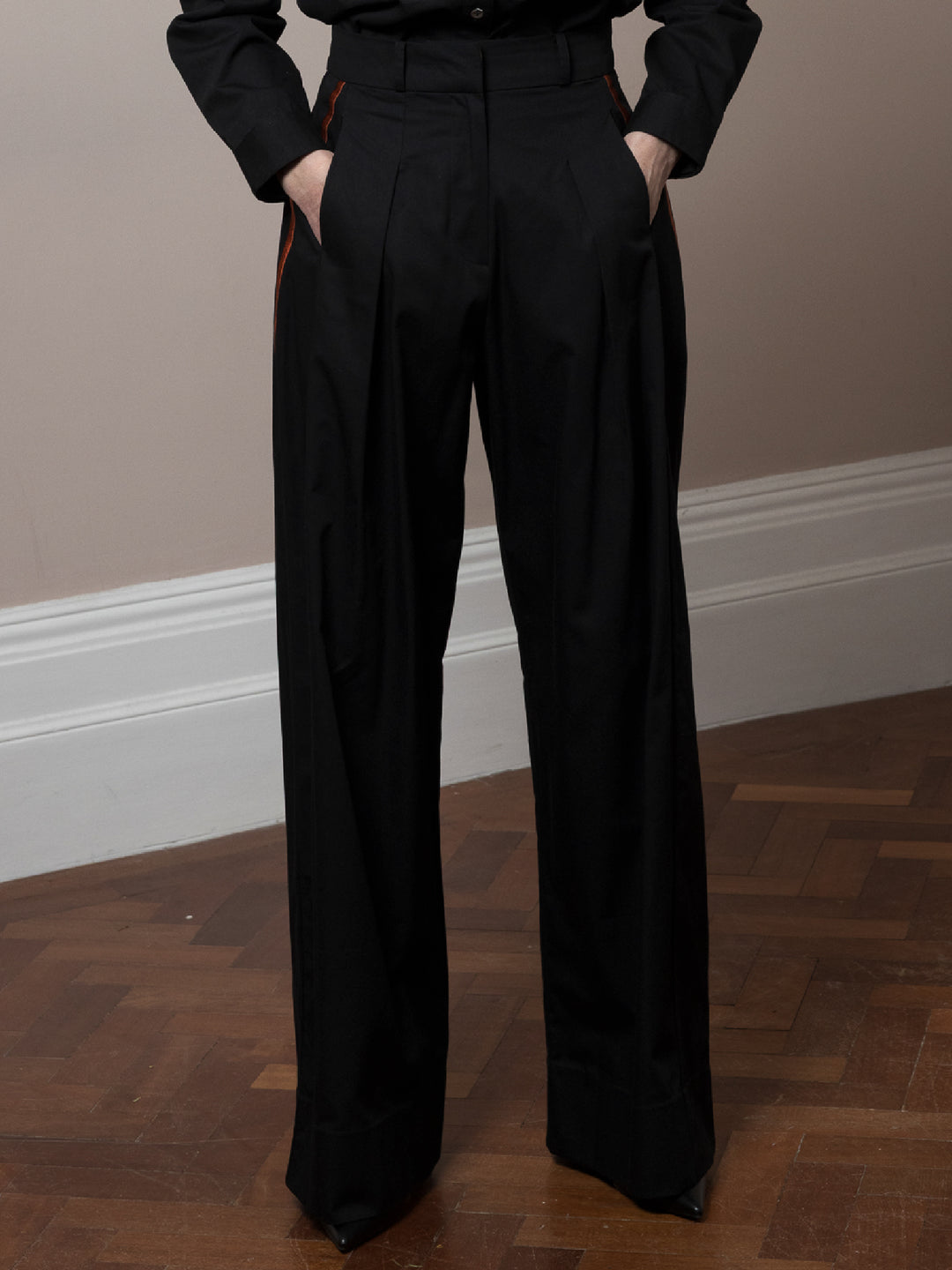 RAE Trousers Embroidered Shirt Black cotton satin poplin