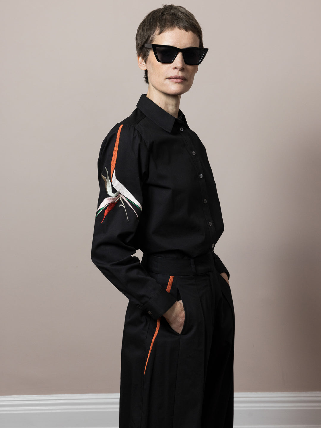 RAE Trousers Embroidered Shirt Black cotton satin poplin