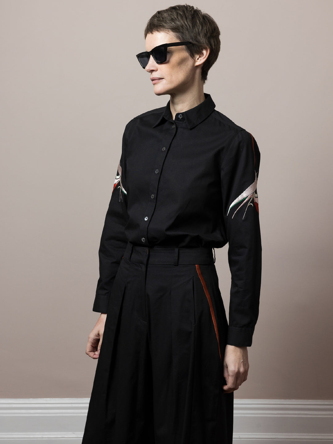 Chloe Embroidered Shirt Black cotton satin poplin