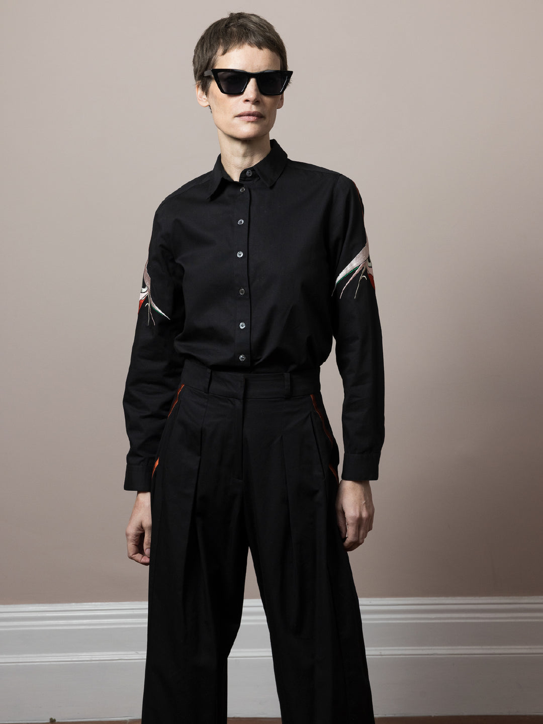 Chloe Embroidered Shirt Black cotton satin poplin