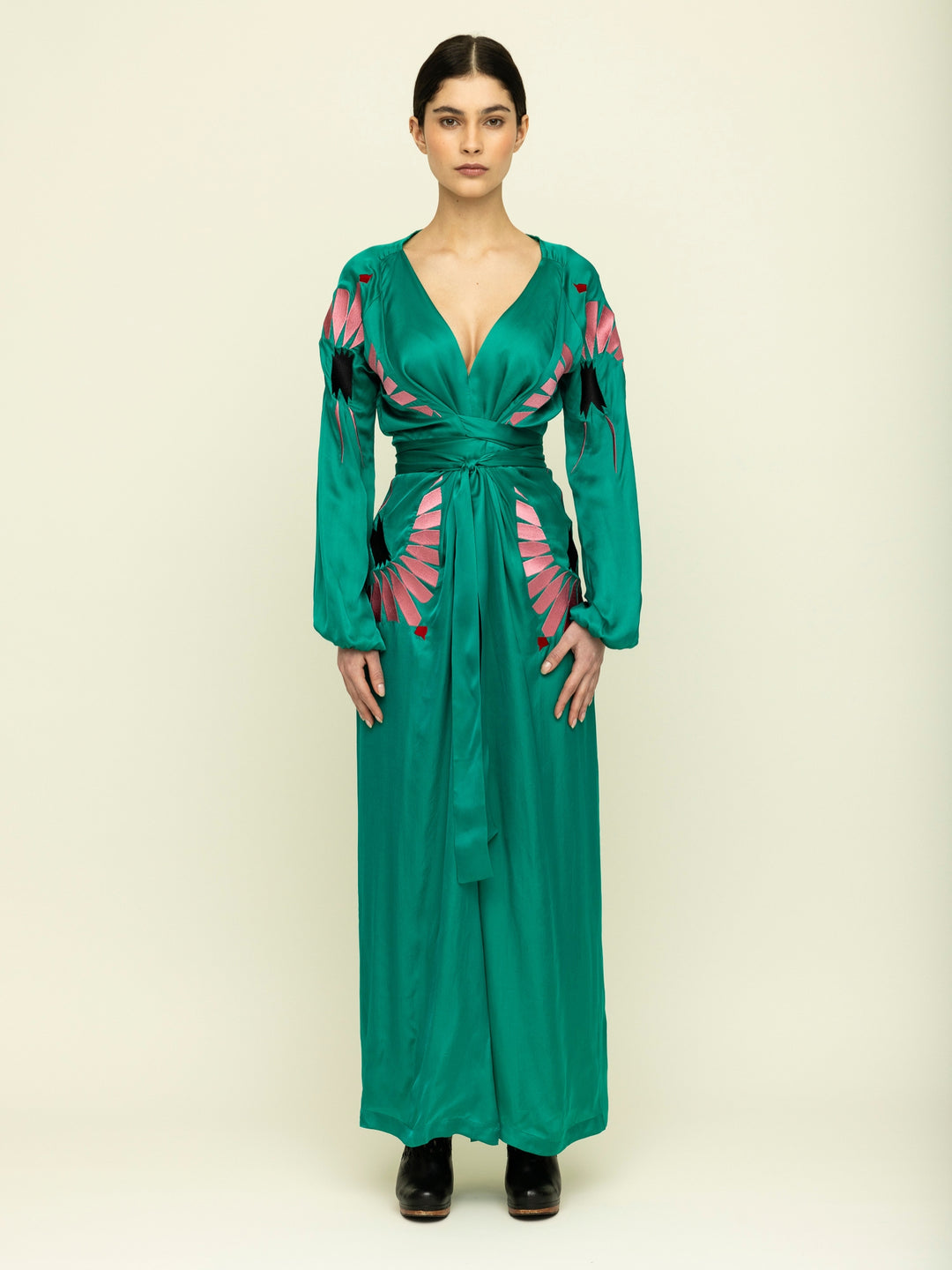 Aziza Long sleeve wrap dress bemberg emerald embroidered