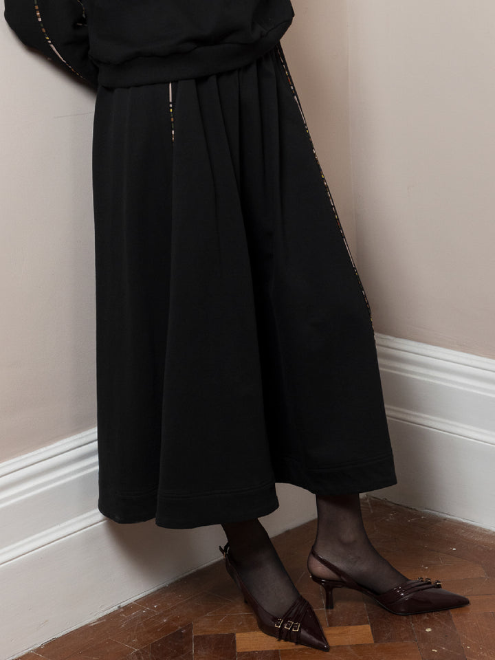 Sadie Double Piping Skirt Black Cotton Fleece