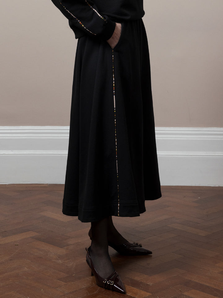 Sadie Double Piping Skirt Black Cotton Fleece