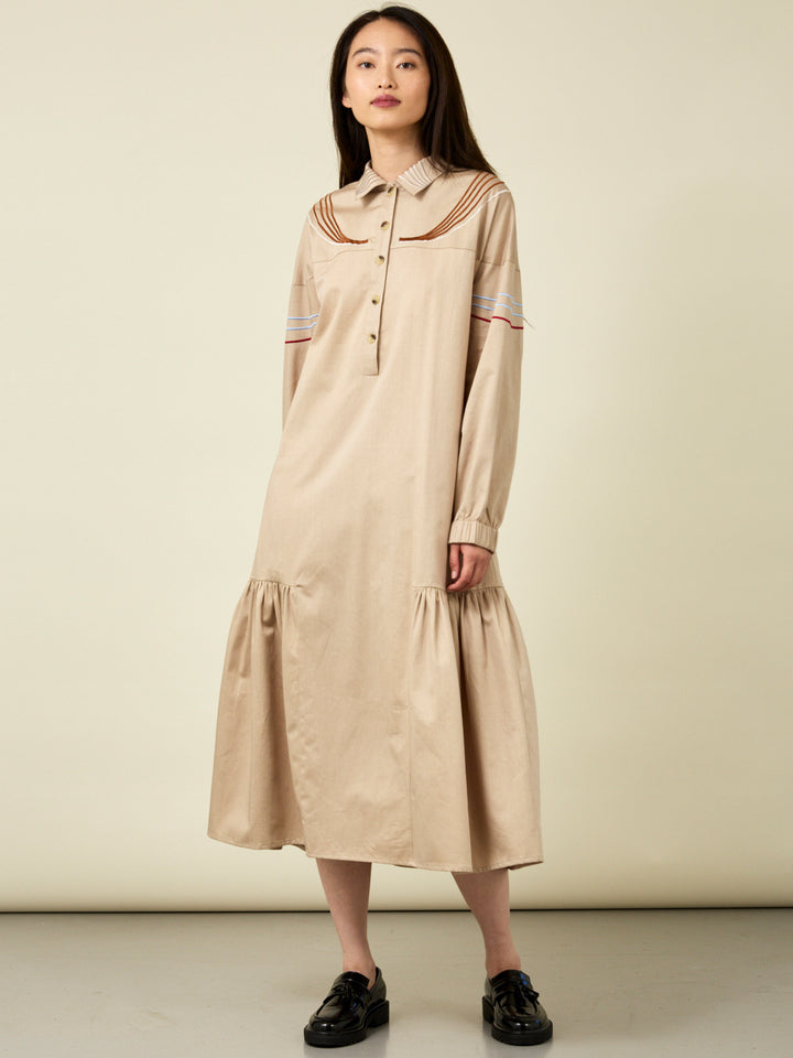 Cleo Stone Cotton Midi Shirt Dress with Linear Embroidery