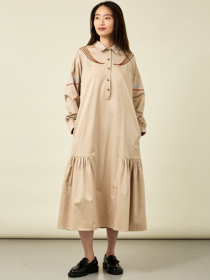 Cleo Stone Cotton Midi Shirt Dress with Linear Embroidery