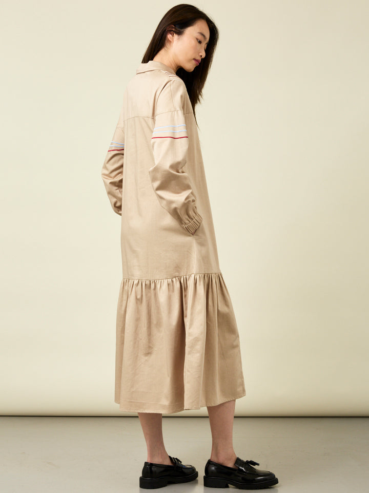 Cleo Stone Cotton Midi Shirt Dress with Linear Embroidery