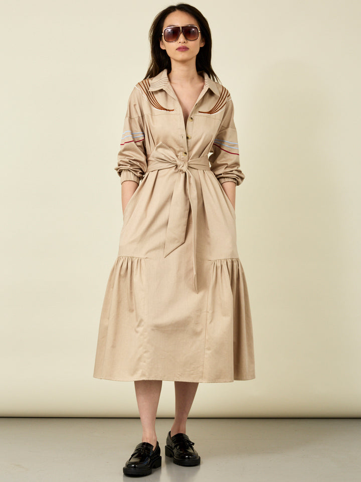 Cleo Stone Cotton Midi Shirt Dress with Linear Embroidery