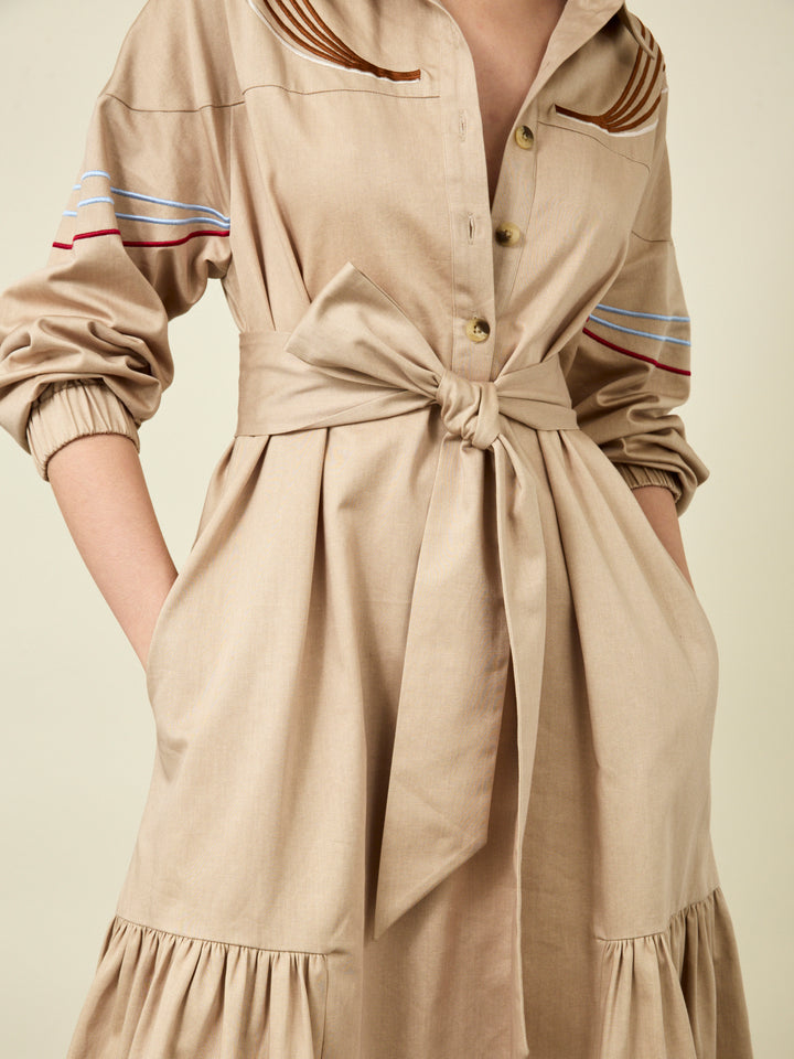 Cleo Stone Cotton Midi Shirt Dress with Linear Embroidery