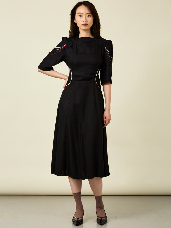 Alma Embroidered Black Midi Dress