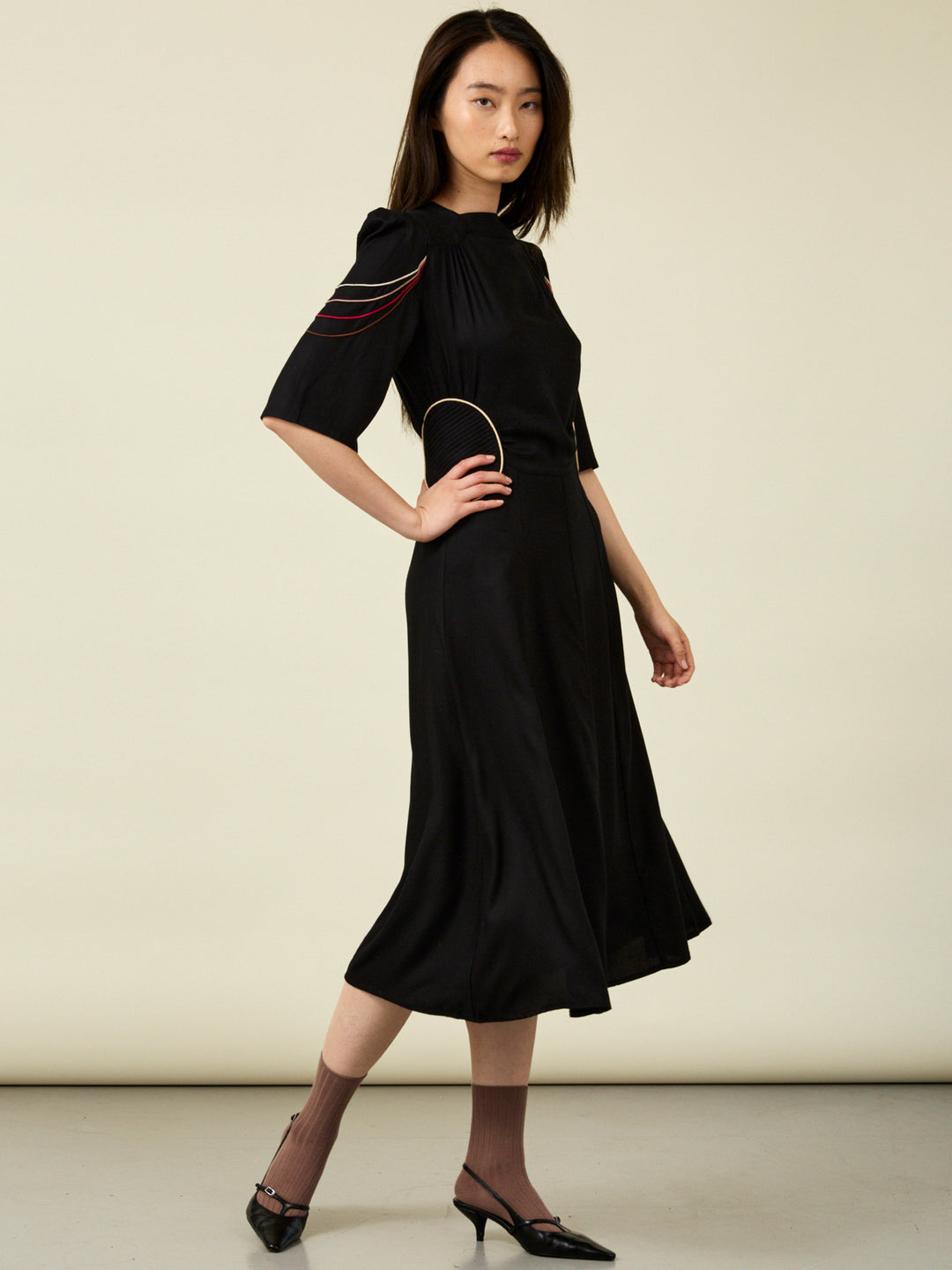 Alma Embroidered Black Midi Dress