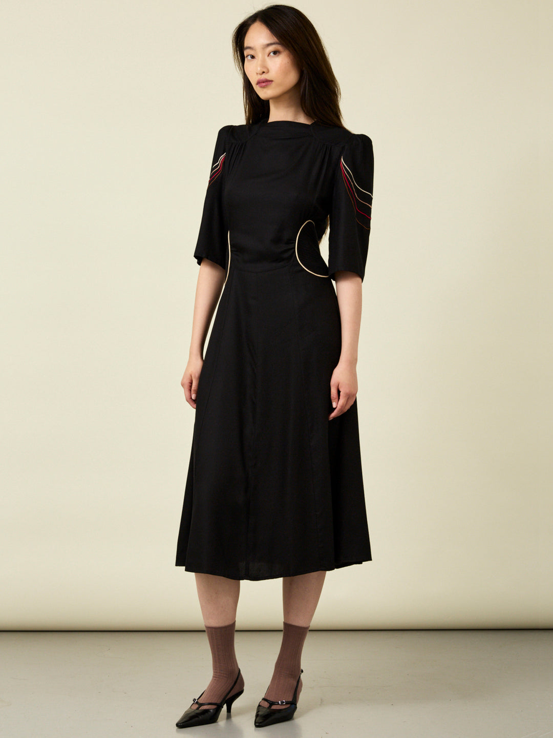 Alma Embroidered Black Midi Dress