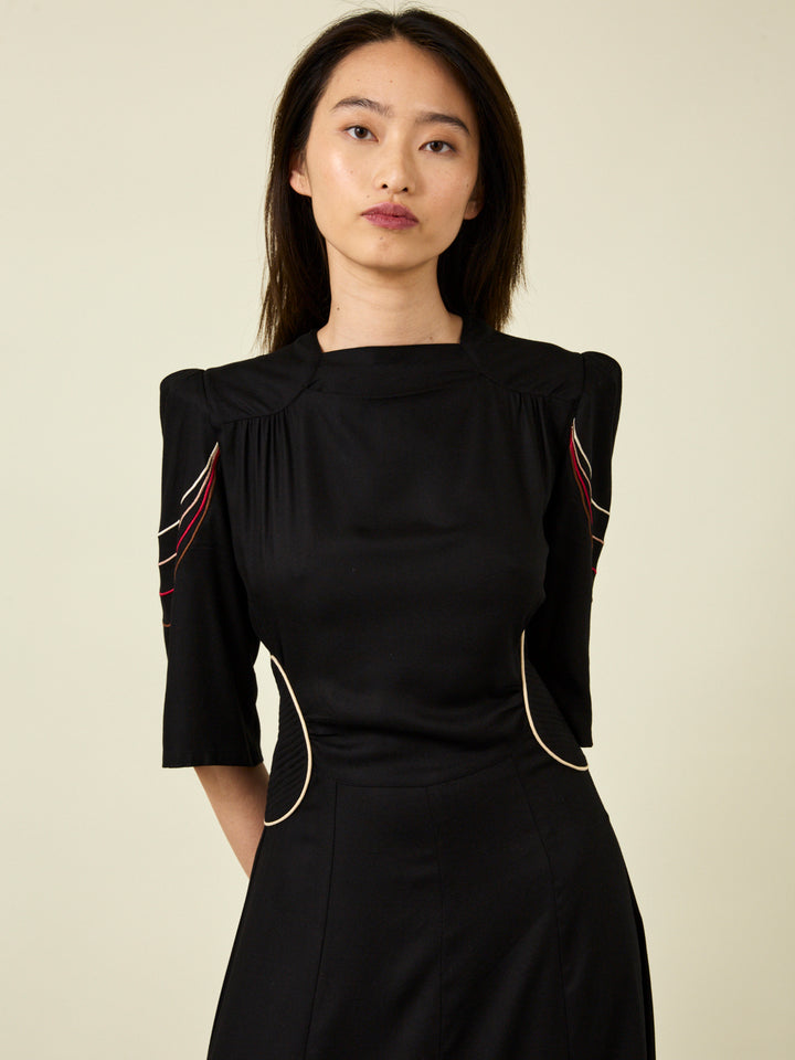 Alma Embroidered Black Midi Dress