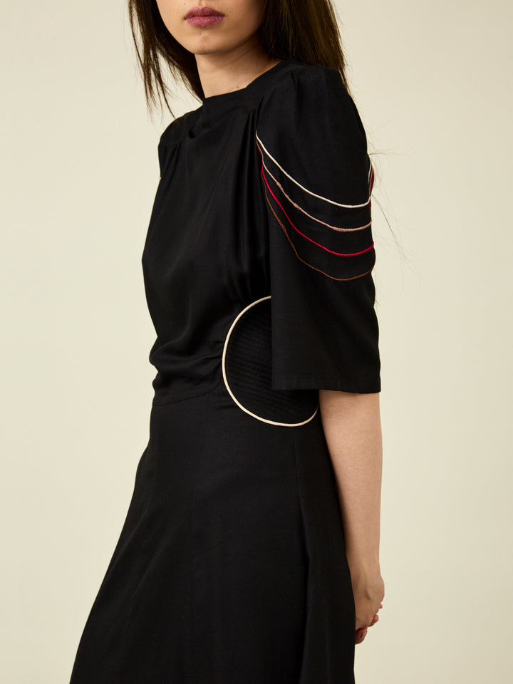 Alma Embroidered Black Midi Dress