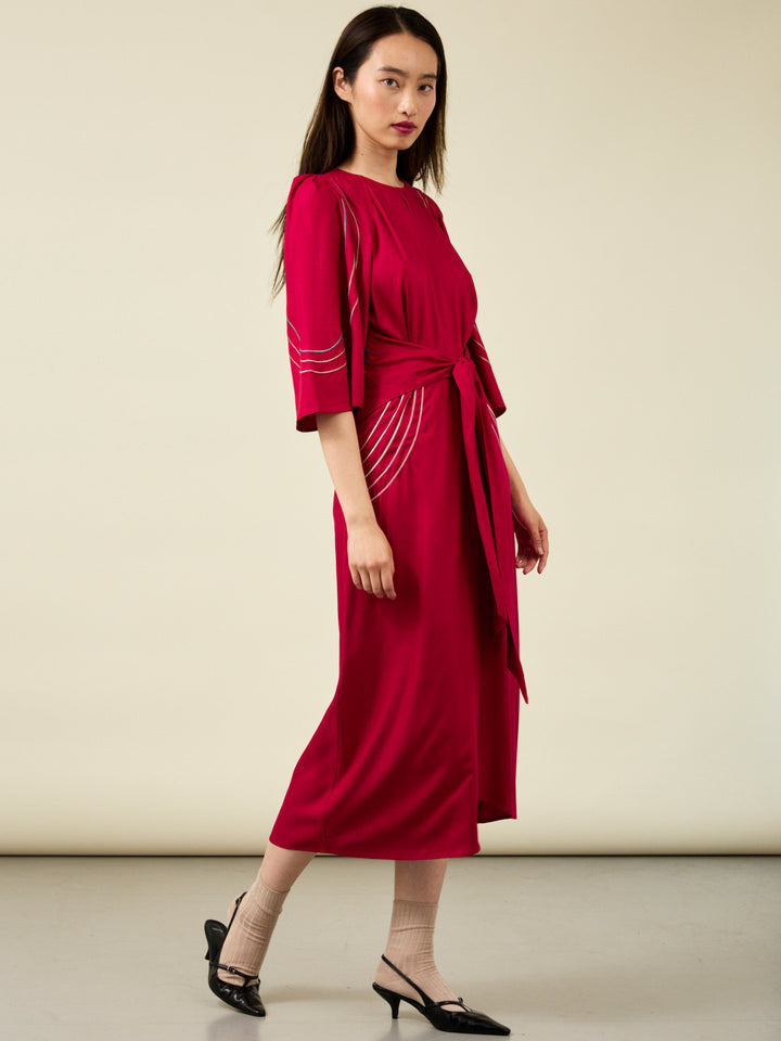 Lauren Embroidered Crimson Midi Dress