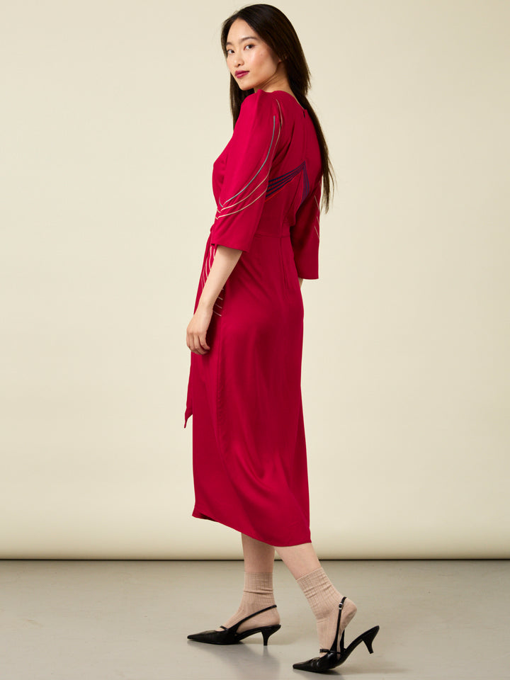 Lauren Embroidered Crimson Midi Dress