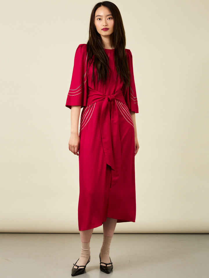 Lauren Embroidered Crimson Midi Dress