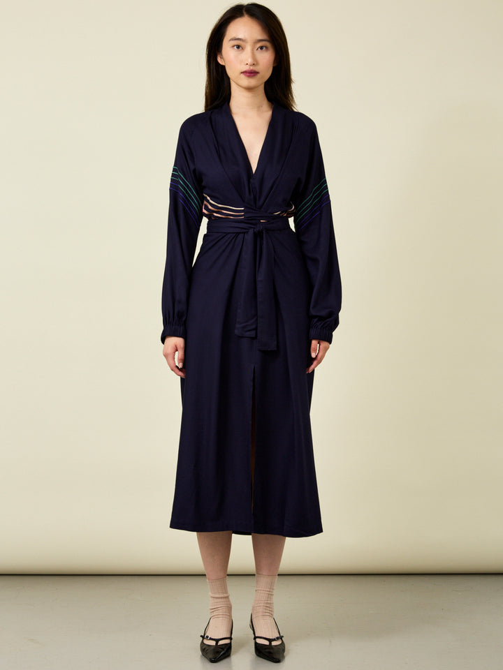 Glorious Navy Embroidered Long Sleeve Midi Dress