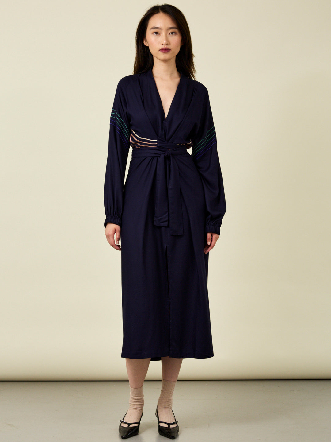 Glorious Navy Embroidered Long Sleeve Midi Dress