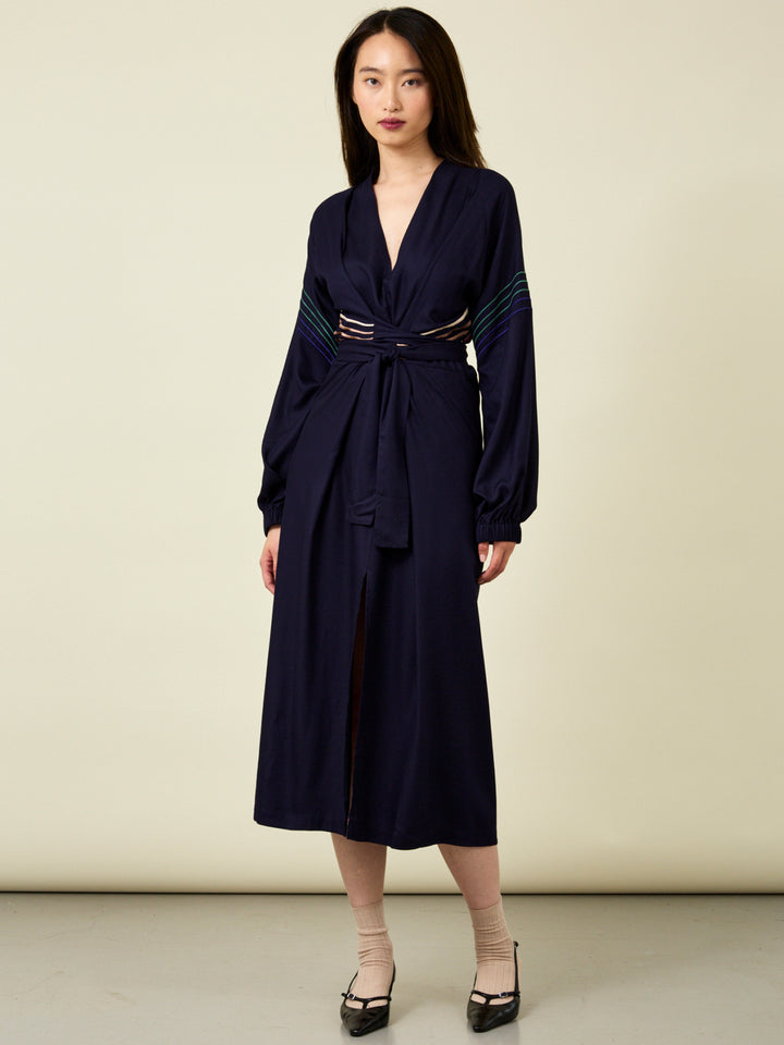 Glorious Navy Embroidered Long Sleeve Midi Dress