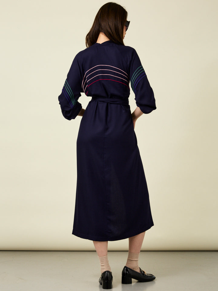 Glorious Navy Embroidered Long Sleeve Midi Dress