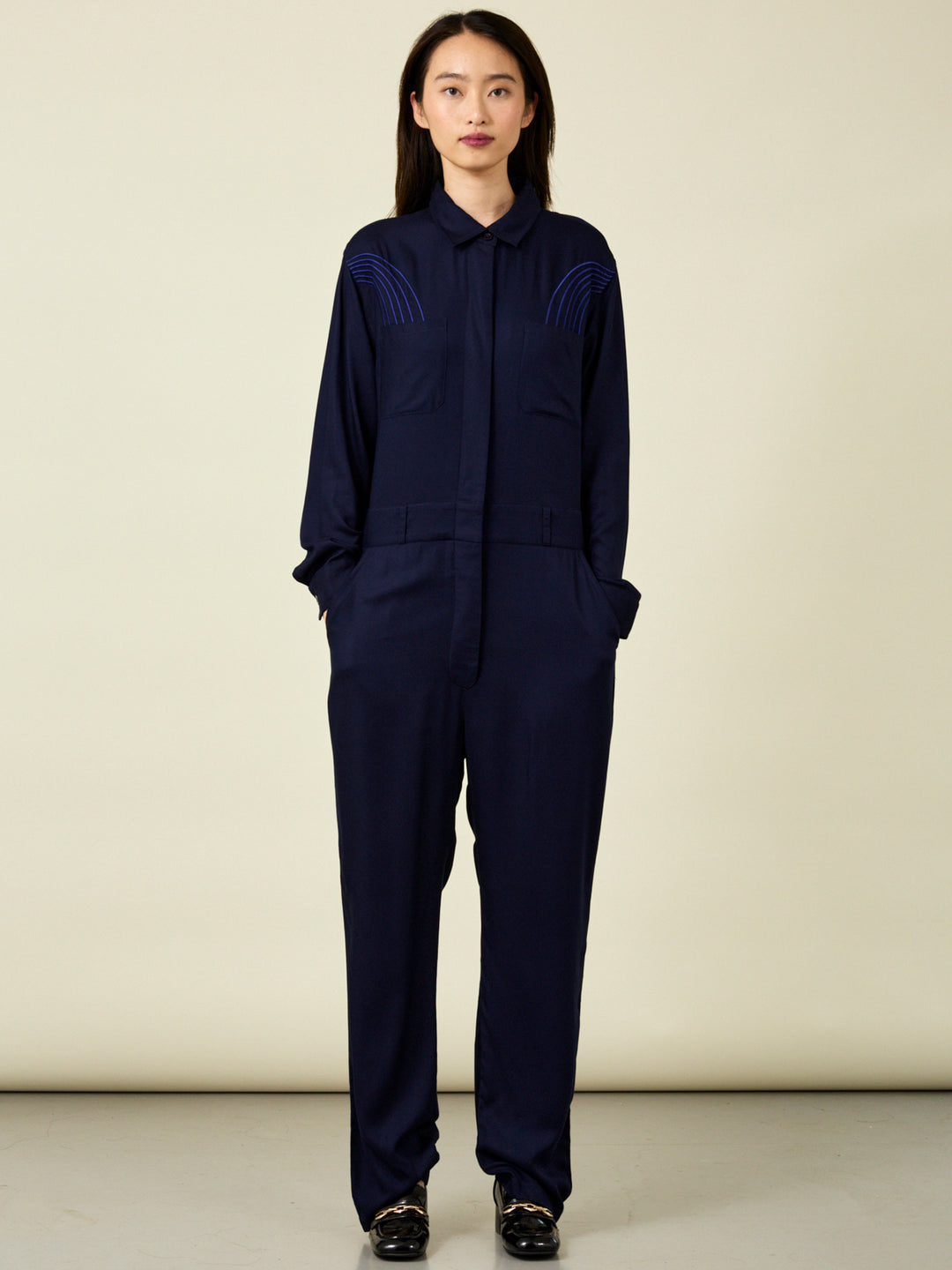 Elenor Long Sleeve Embroidered Navy Jumpsuit