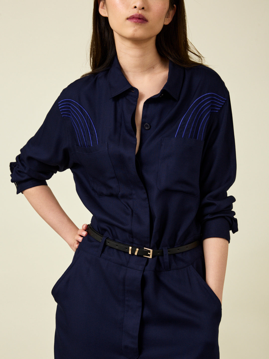 Elenor Long Sleeve Embroidered Navy Jumpsuit