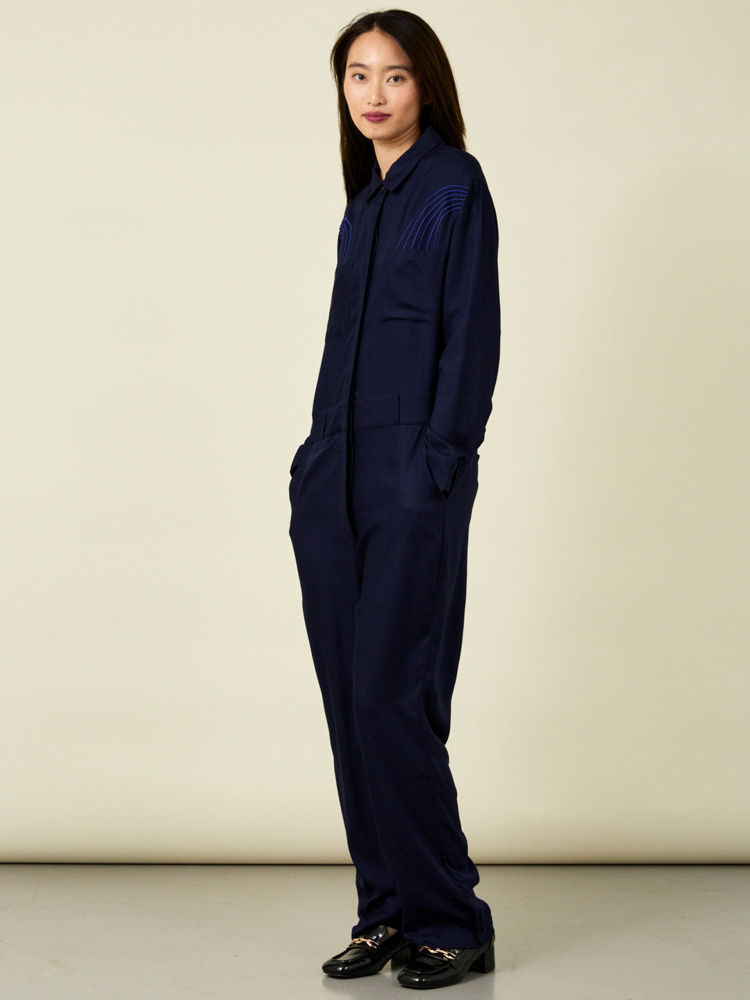 Elenor Long Sleeve Embroidered Navy Jumpsuit