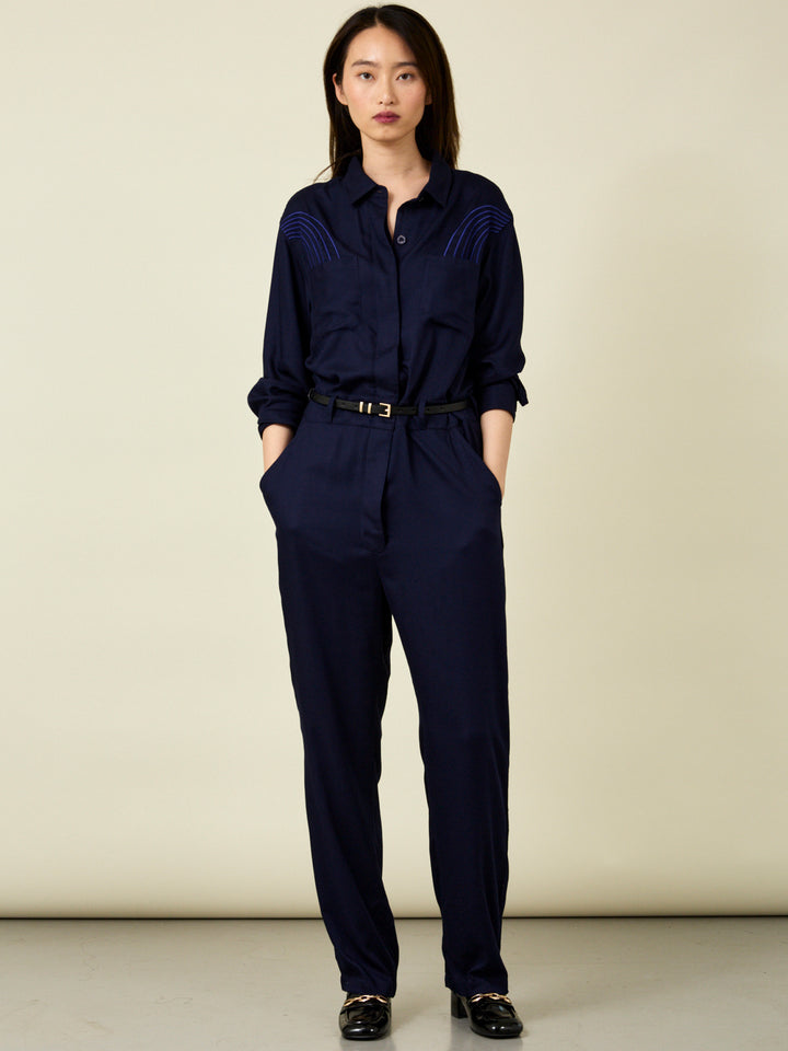 Elenor Long Sleeve Embroidered Navy Jumpsuit