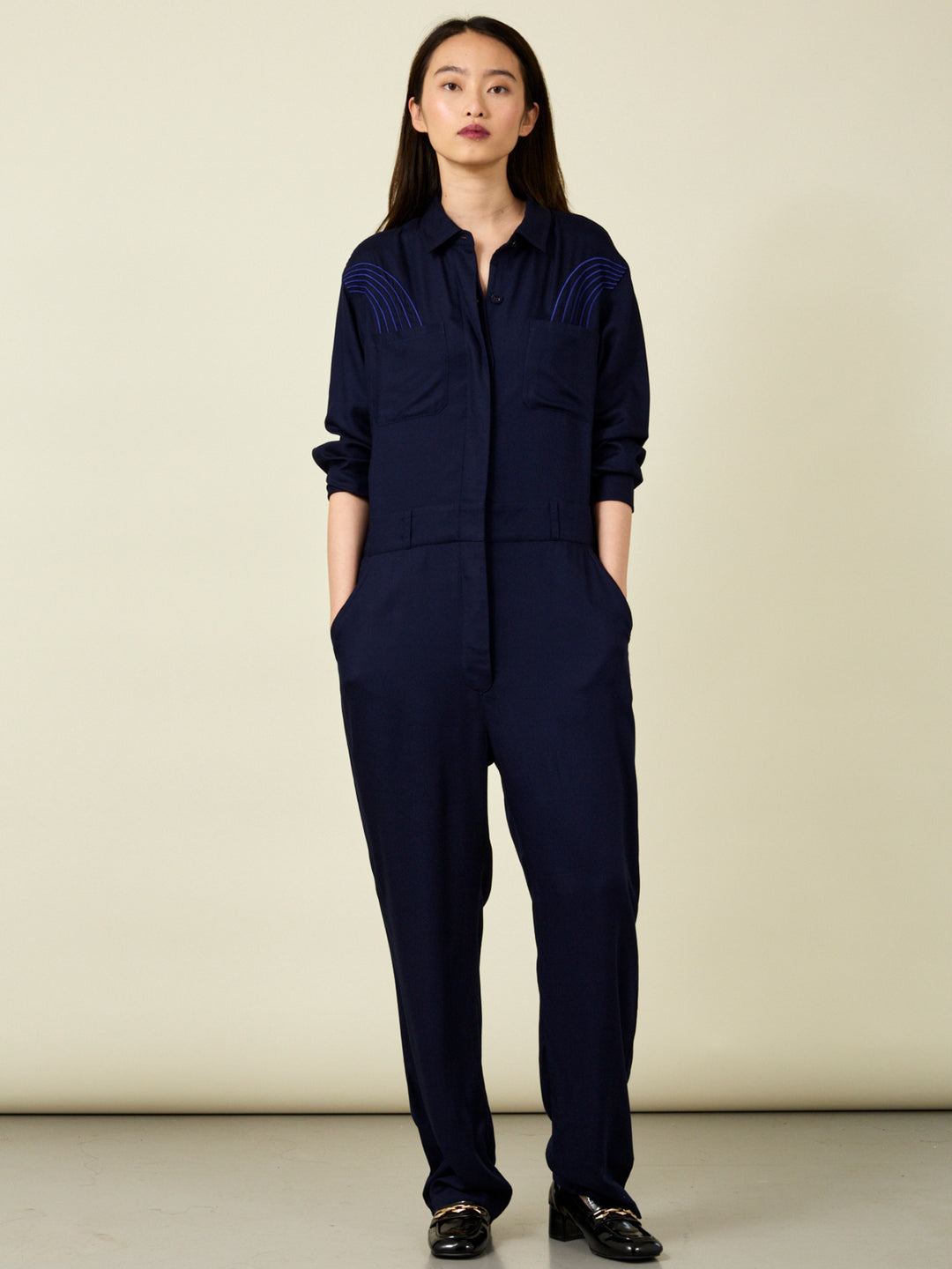 Elenor Long Sleeve Embroidered Navy Jumpsuit