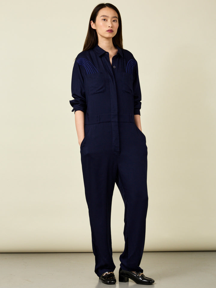 Elenor Long Sleeve Embroidered Navy Jumpsuit