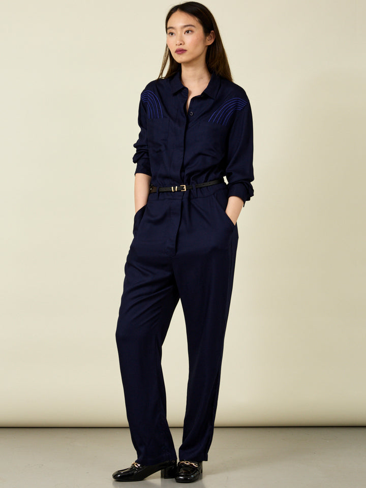 Elenor Long Sleeve Embroidered Navy Jumpsuit